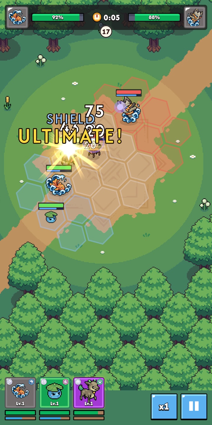 Magic Monster battle: a pet fires its ultimate on a hex field in a forest clearing