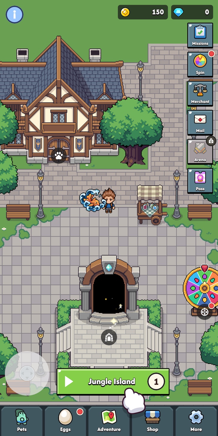 Magic Monster town screen: a guild house, a market stall and a dungeon gate