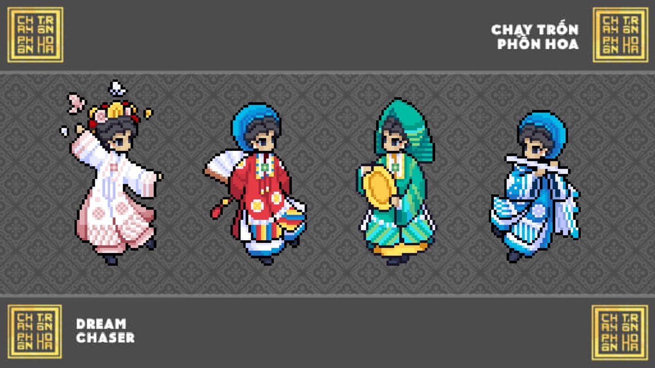 Four characters in traditional Vietnamese court dress