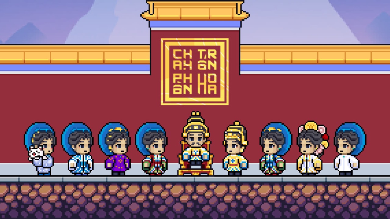 A line of court officials and palace maids in front of a red palace wall