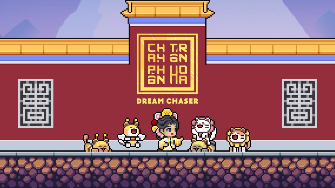 A character surrounded by cat and fox pets in front of a palace wall