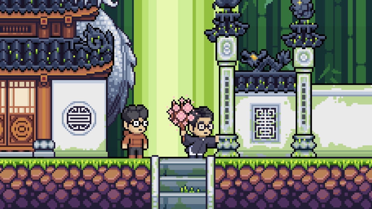 Two characters at a mossy temple gate in a bamboo forest