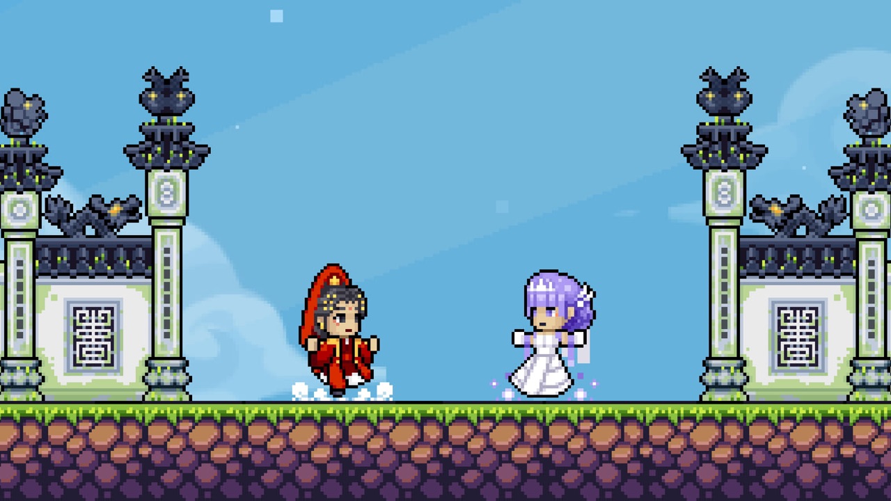 Two characters facing each other on a grassy path under a blue sky